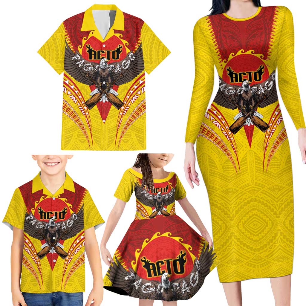 American Samoa Fautasi Race Family Matching Long Sleeve Bodycon Dress and Hawaiian Shirt Pago Pago-Aeto Samoan Tattoo and Eagle LT03 - Polynesian Pride