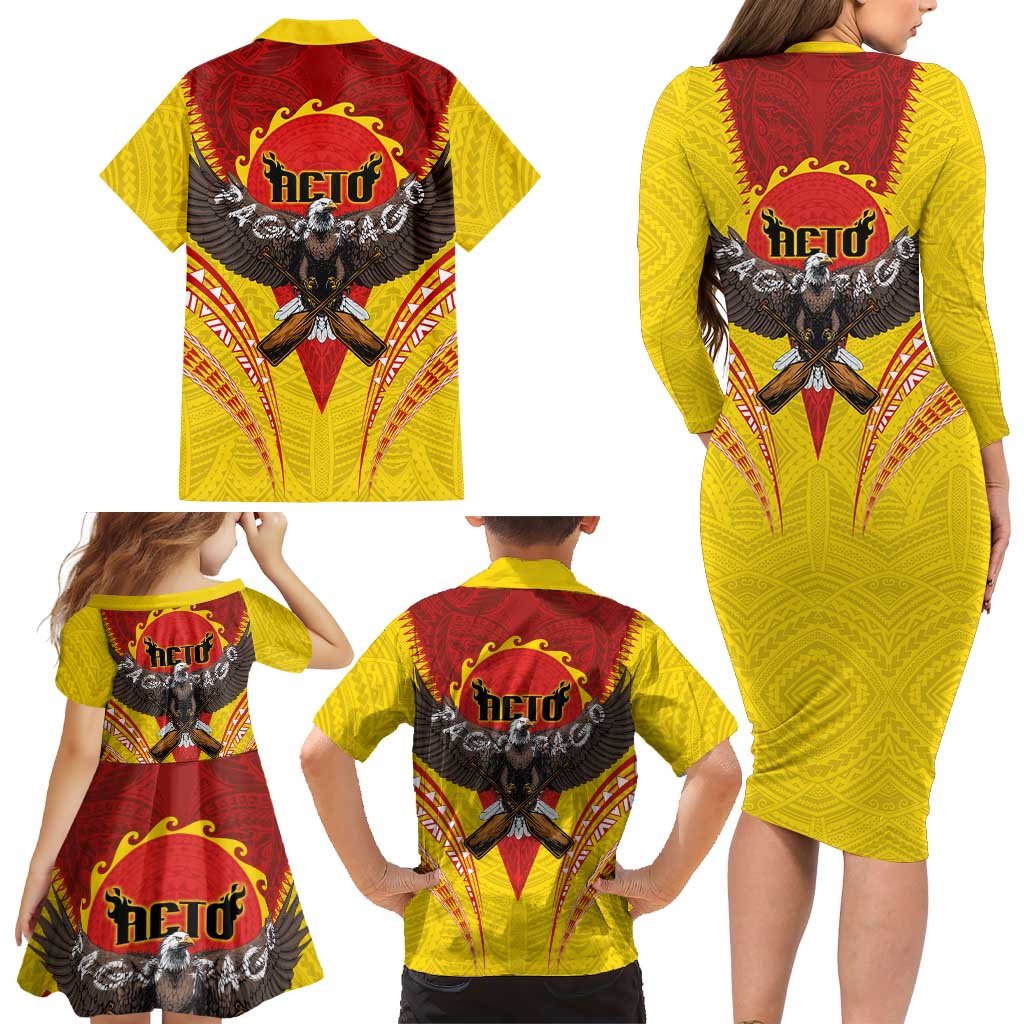 American Samoa Fautasi Race Family Matching Long Sleeve Bodycon Dress and Hawaiian Shirt Pago Pago-Aeto Samoan Tattoo and Eagle LT03 - Polynesian Pride