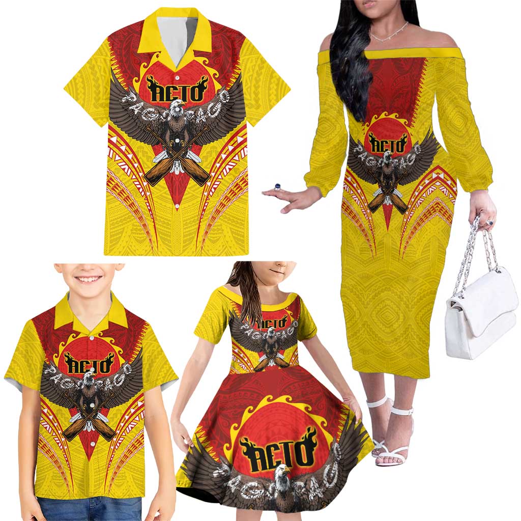 American Samoa Fautasi Race Family Matching Off The Shoulder Long Sleeve Dress and Hawaiian Shirt Pago Pago-Aeto Samoan Tattoo and Eagle