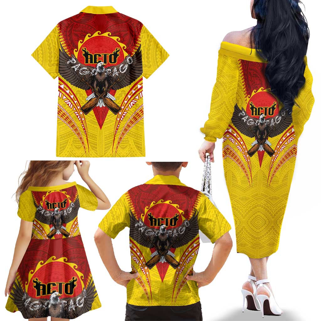 American Samoa Fautasi Race Family Matching Off The Shoulder Long Sleeve Dress and Hawaiian Shirt Pago Pago-Aeto Samoan Tattoo and Eagle LT03 - Polynesian Pride
