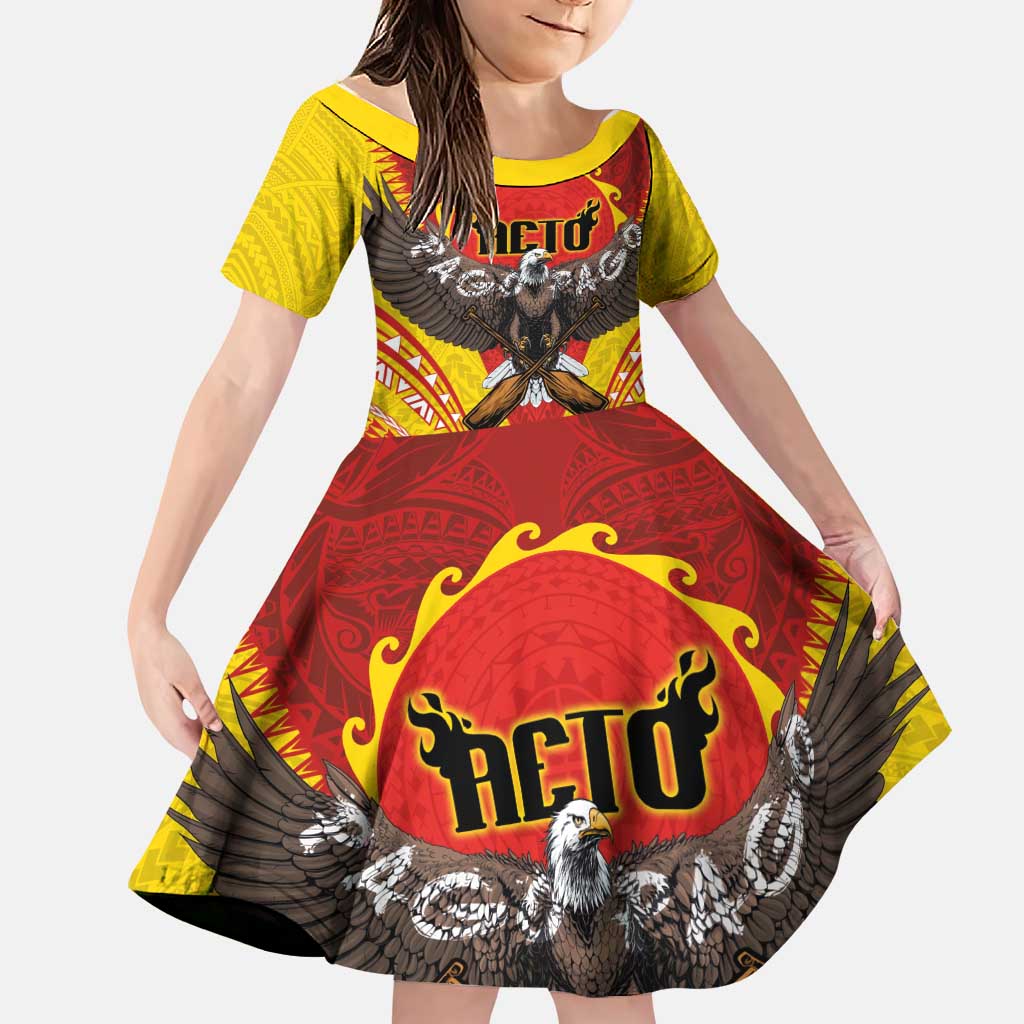 American Samoa Fautasi Race Family Matching Off Shoulder Maxi Dress and Hawaiian Shirt Pago Pago-Aeto Samoan Tattoo and Eagle LT03 Daughter's Dress Yellow - Polynesian Pride