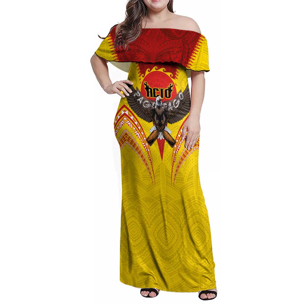 American Samoa Fautasi Race Family Matching Off Shoulder Maxi Dress and Hawaiian Shirt Pago Pago-Aeto Samoan Tattoo and Eagle LT03 Mom's Dress Yellow - Polynesian Pride