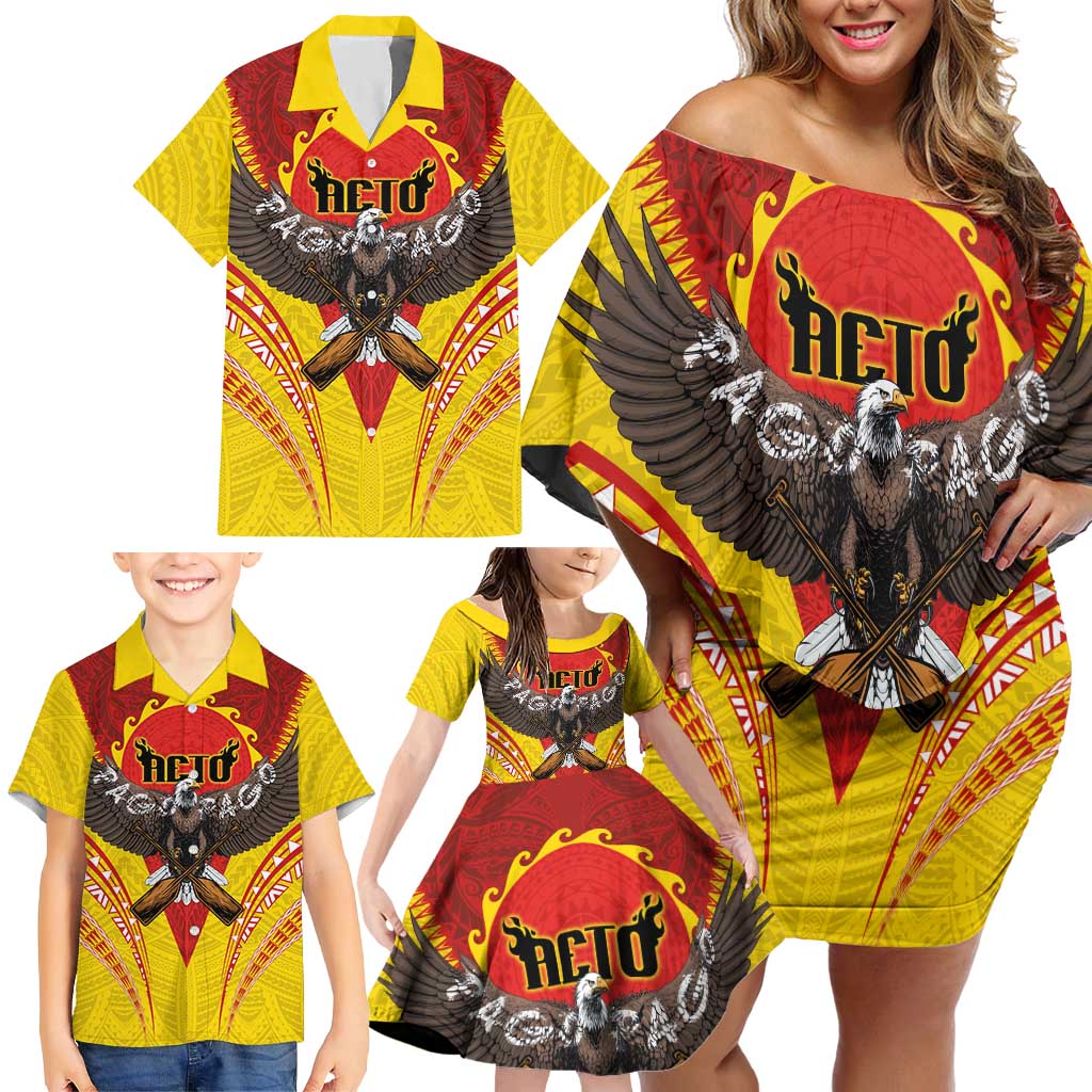 American Samoa Fautasi Race Family Matching Off Shoulder Short Dress and Hawaiian Shirt Pago Pago-Aeto Samoan Tattoo and Eagle