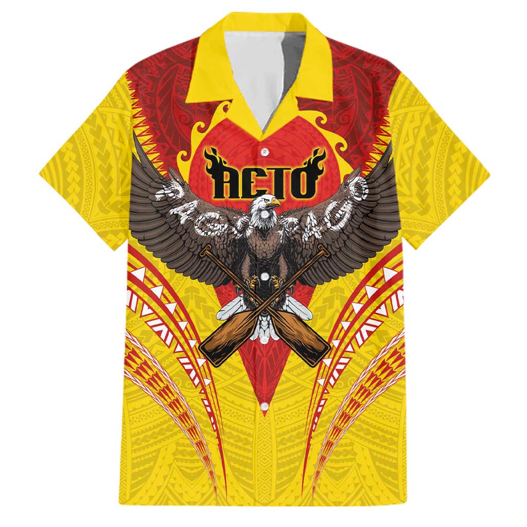 American Samoa Fautasi Race Family Matching Off Shoulder Short Dress and Hawaiian Shirt Pago Pago-Aeto Samoan Tattoo and Eagle LT03 Dad's Shirt - Short Sleeve Yellow - Polynesian Pride