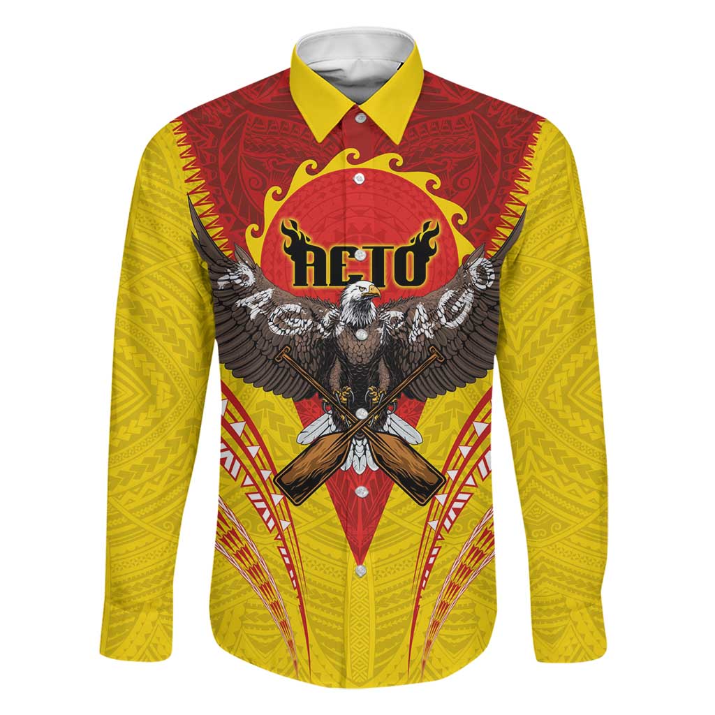 American Samoa Fautasi Race Family Matching Short Sleeve Bodycon Dress and Hawaiian Shirt Pago Pago-Aeto Samoan Tattoo and Eagle LT03 Dad's Shirt - Long Sleeve Yellow - Polynesian Pride