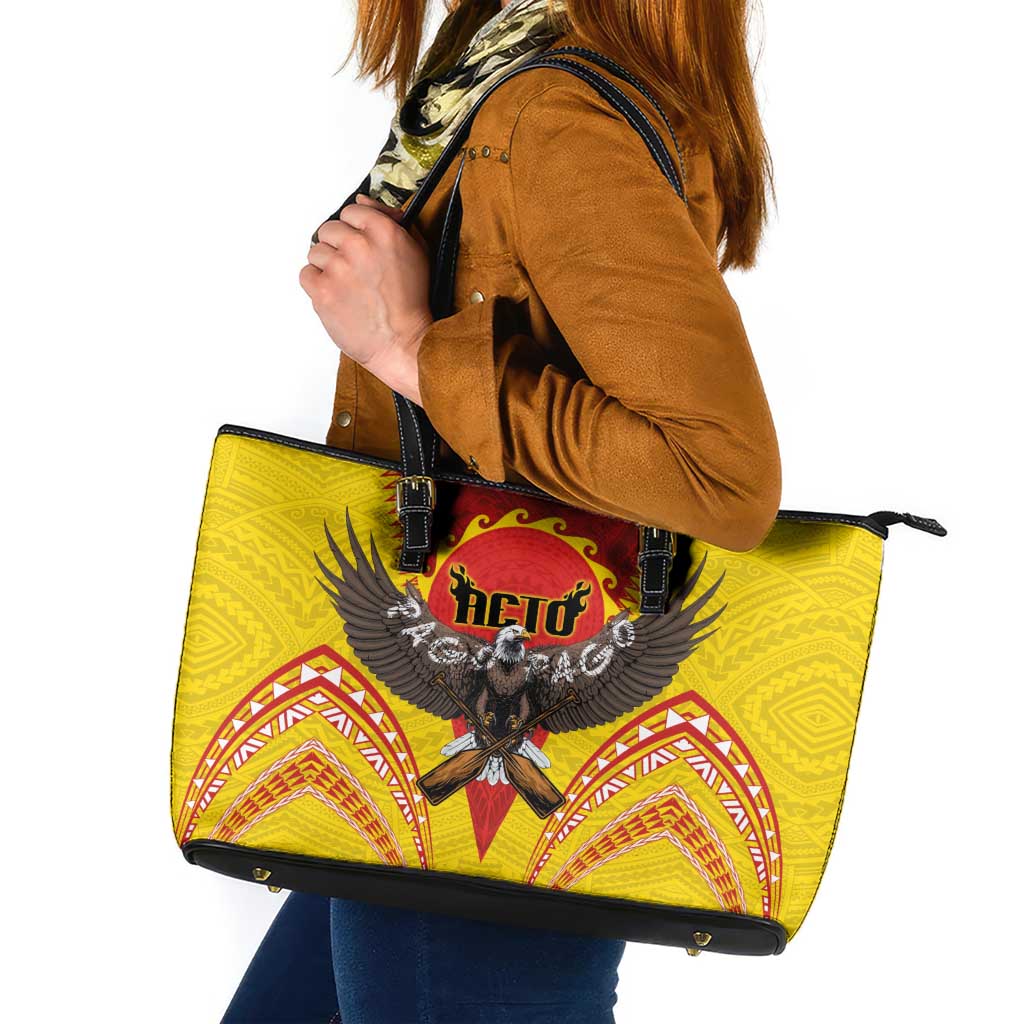 American Samoa Fautasi Race Leather Tote Bag Pago Pago-Aeto Samoan Tattoo and Eagle LT03 Yellow - Polynesian Pride