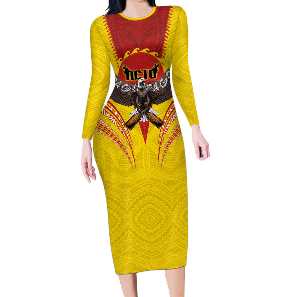 American Samoa Fautasi Race Long Sleeve Bodycon Dress Pago Pago-Aeto Samoan Tattoo and Eagle LT03 Long Dress Yellow - Polynesian Pride