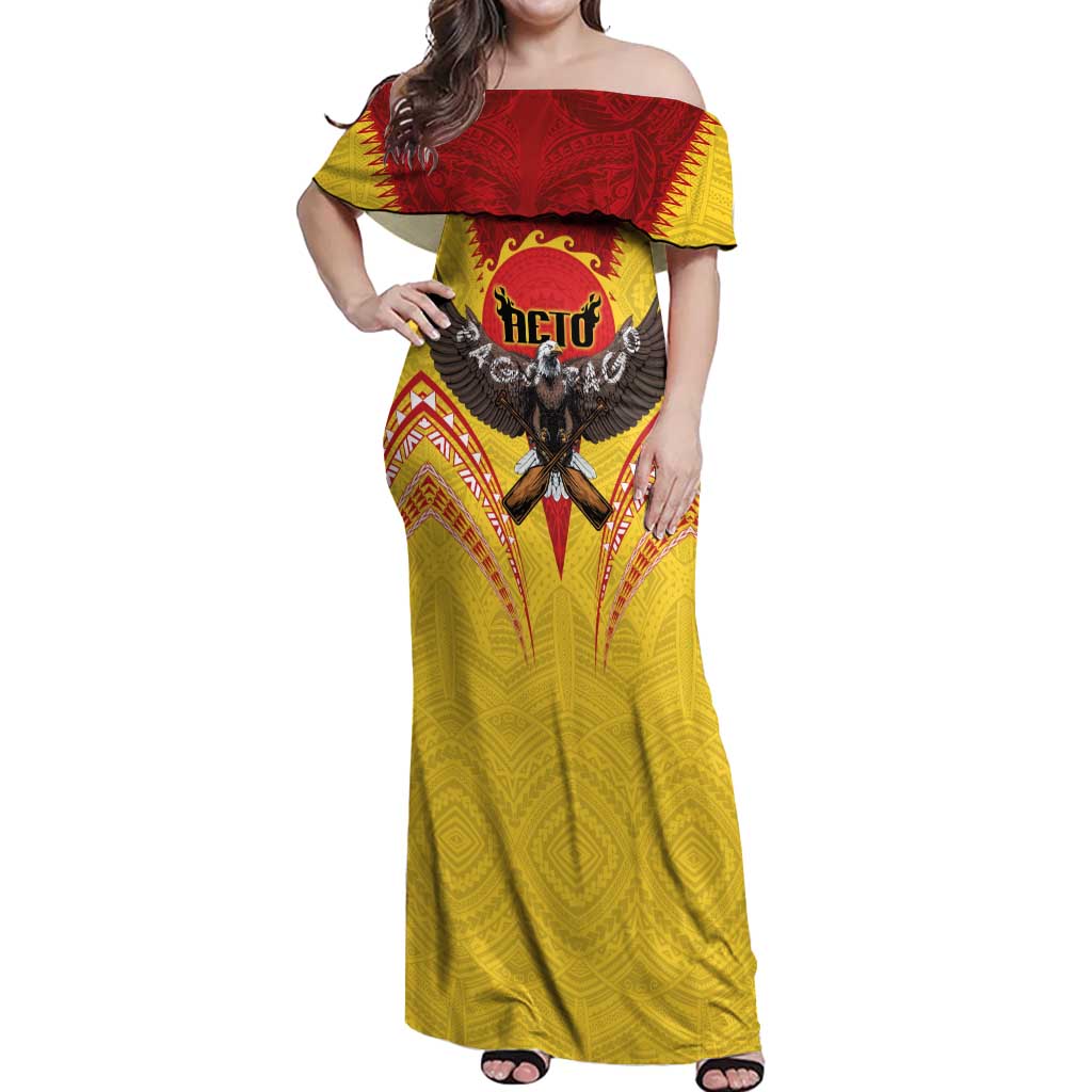 American Samoa Fautasi Race Off Shoulder Maxi Dress Pago Pago-Aeto Samoan Tattoo and Eagle LT03 Women Yellow - Polynesian Pride