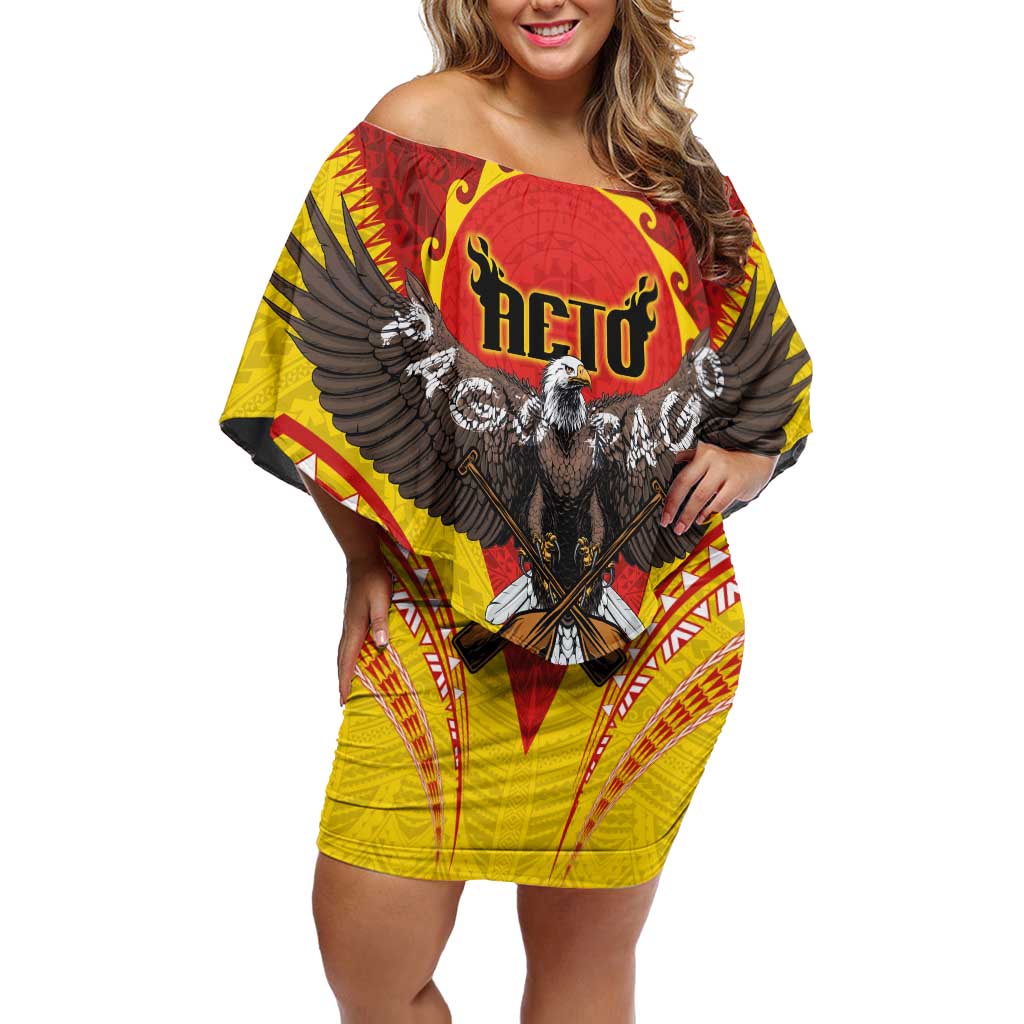 American Samoa Fautasi Race Off Shoulder Short Dress Pago Pago-Aeto Samoan Tattoo and Eagle LT03 Women Yellow - Polynesian Pride