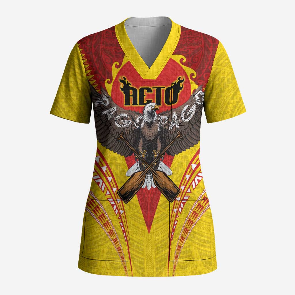 American Samoa Fautasi Race Scrub Top Pago Pago-Aeto Samoan Tattoo and Eagle LT03 Adult Yellow - Polynesian Pride