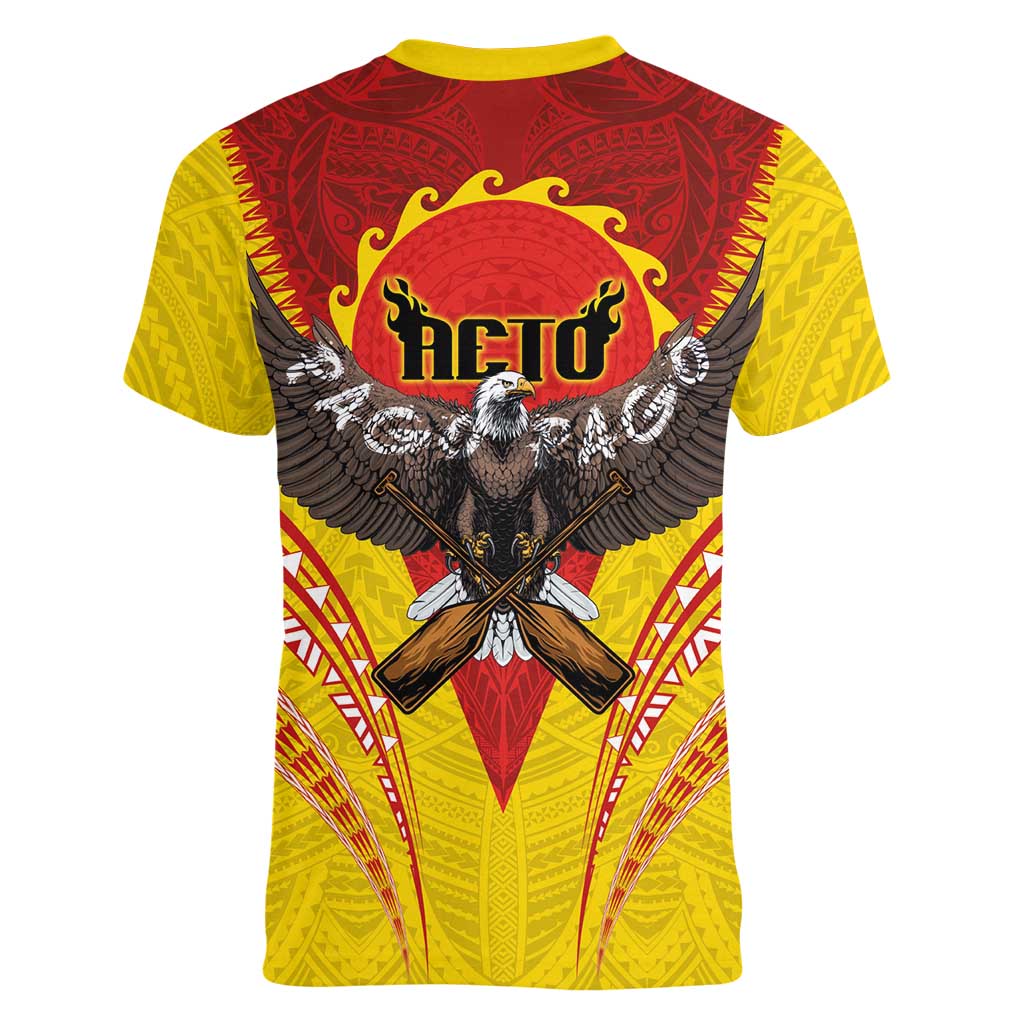 American Samoa Fautasi Race Women V-Neck T-Shirt Pago Pago-Aeto Samoan Tattoo and Eagle LT03 - Polynesian Pride