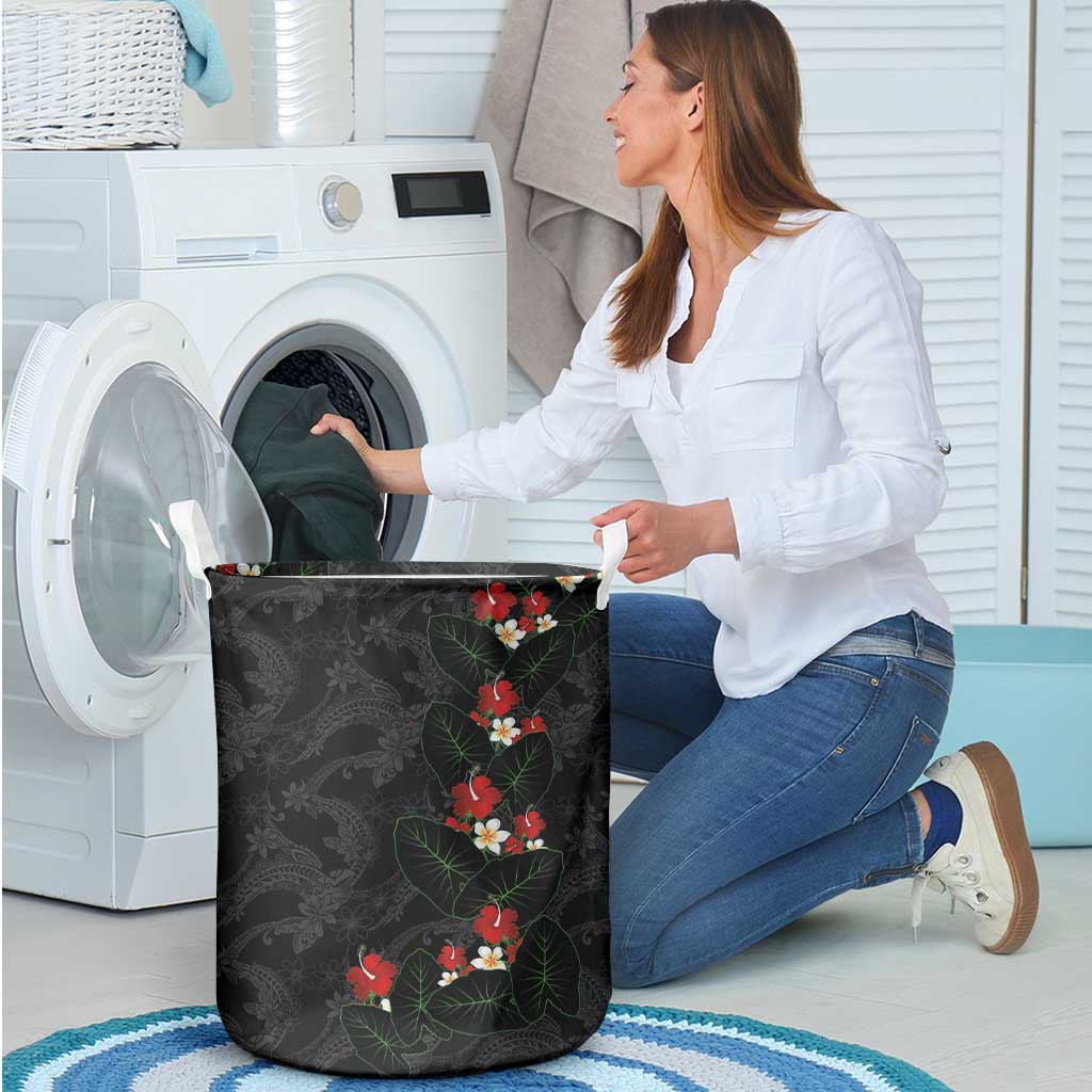 Hawaiian Taro Leaves-Hibiscus and Plumeria Laundry Basket Floral Tribal Tattoo Motif LT03 - Polynesian Pride