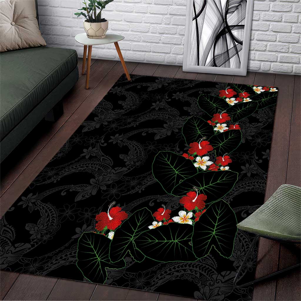 Hawaiian Taro Leaves-Hibiscus and Plumeria Area Rug Floral Tribal Tattoo Motif