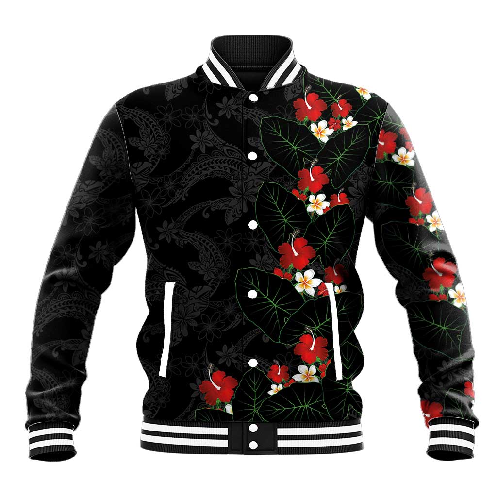 Hawaiian Taro Leaves-Hibiscus and Plumeria Baseball Jacket Floral Tribal Tattoo Motif