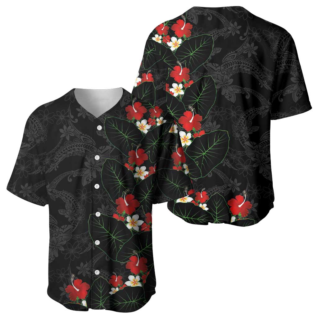Hawaiian Taro Leaves-Hibiscus and Plumeria Baseball Jersey Floral Tribal Tattoo Motif