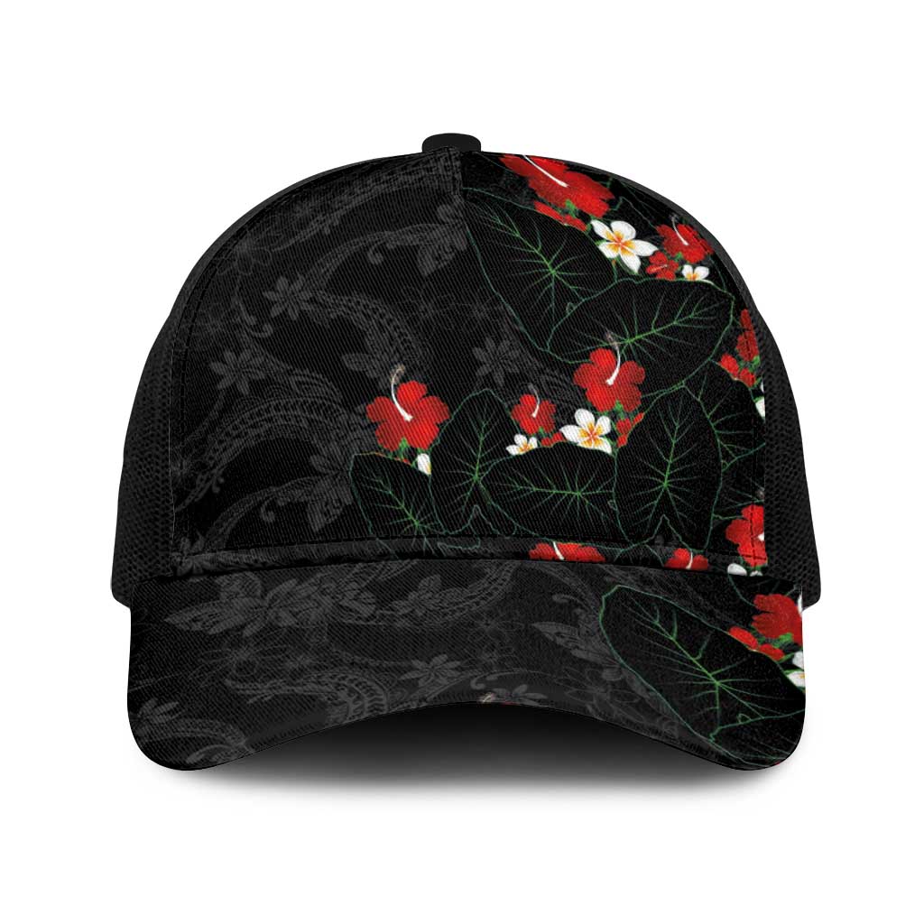Hawaiian Taro Leaves-Hibiscus and Plumeria Baseball Net Cap Floral Tribal Tattoo Motif LT03 One Size Black Black - Polynesian Pride