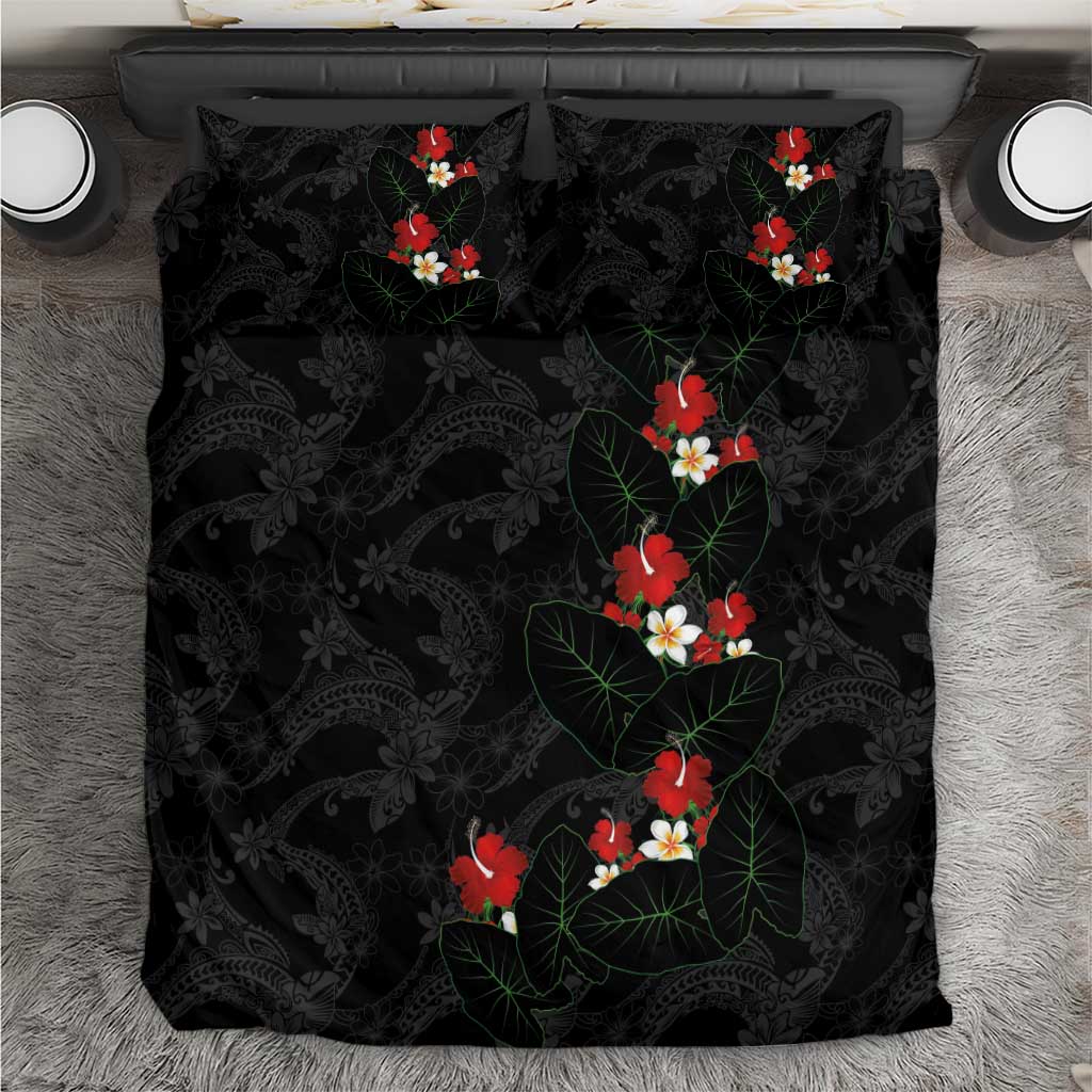 Hawaiian Taro Leaves-Hibiscus and Plumeria Bedding Set Floral Tribal Tattoo Motif LT03 Black - Polynesian Pride