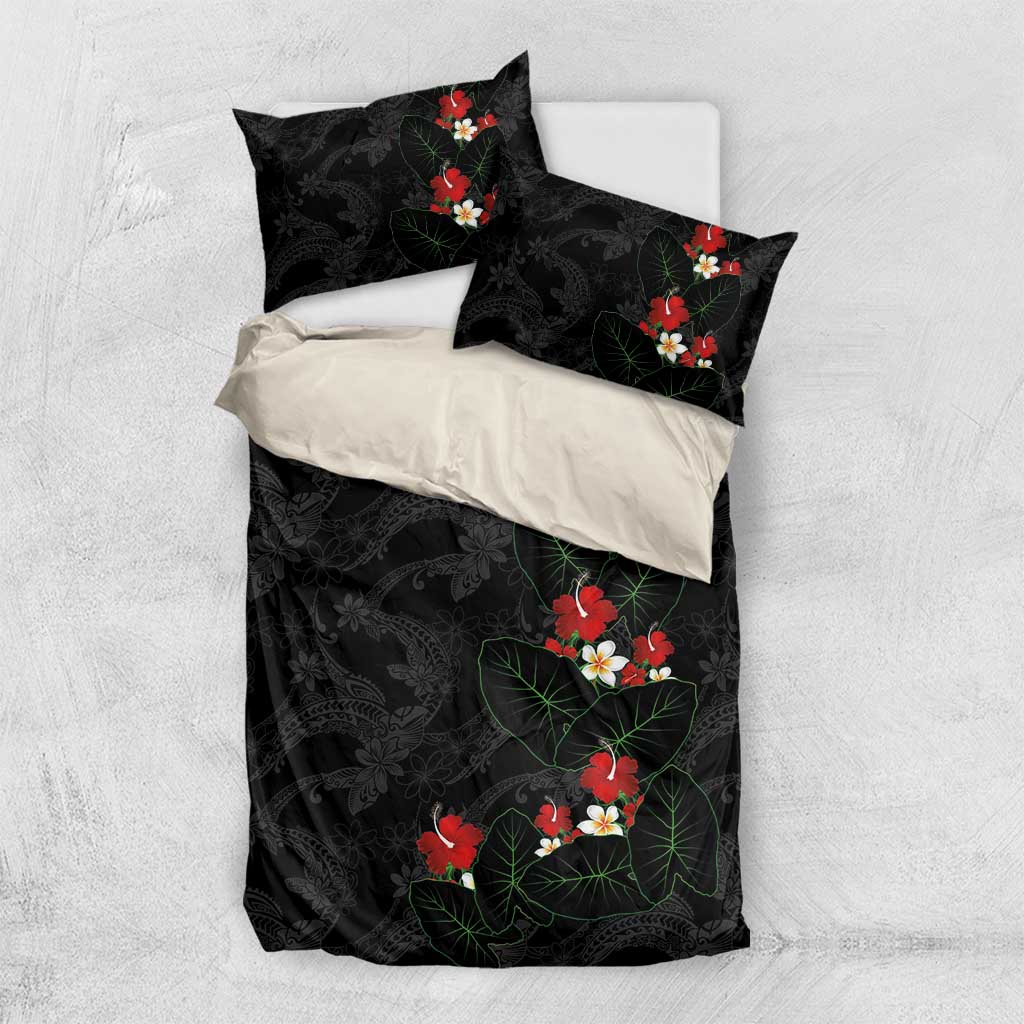 Hawaiian Taro Leaves-Hibiscus and Plumeria Bedding Set Floral Tribal Tattoo Motif LT03 US Twin 172cm x 218cm Black - Polynesian Pride