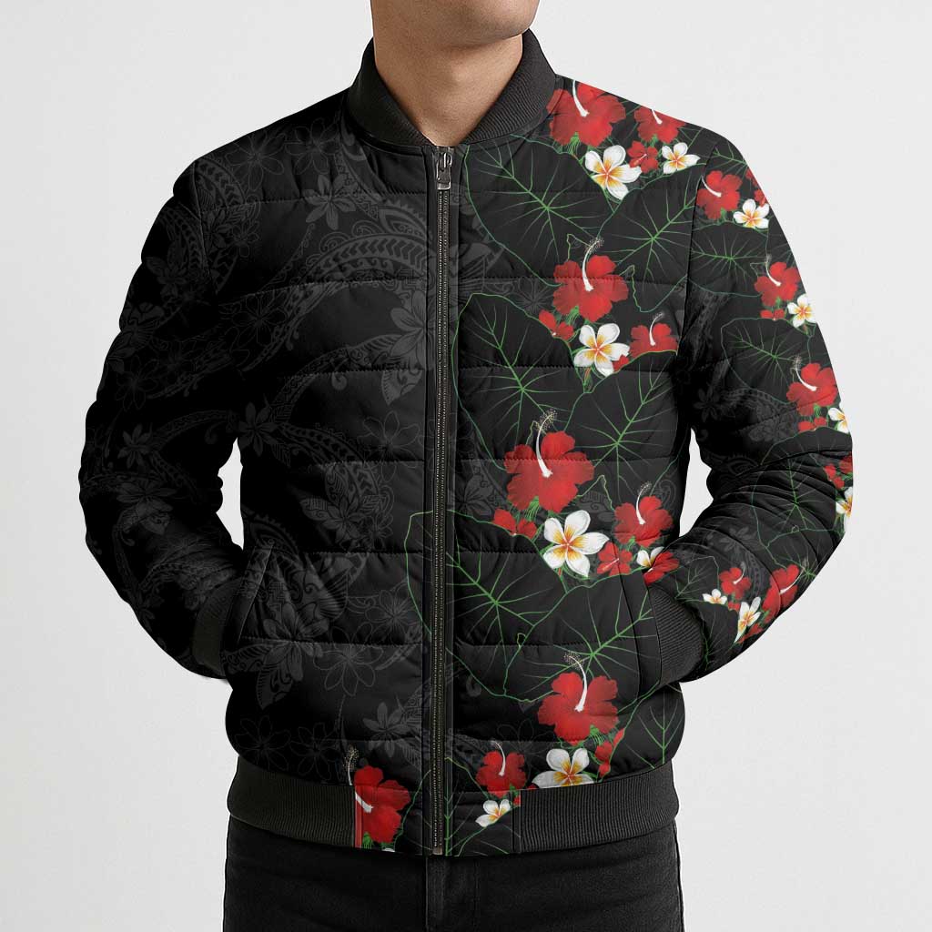 Hawaiian Taro Leaves-Hibiscus and Plumeria Bomber Puffer Jacket Floral Tribal Tattoo Motif LT03 - Polynesian Pride