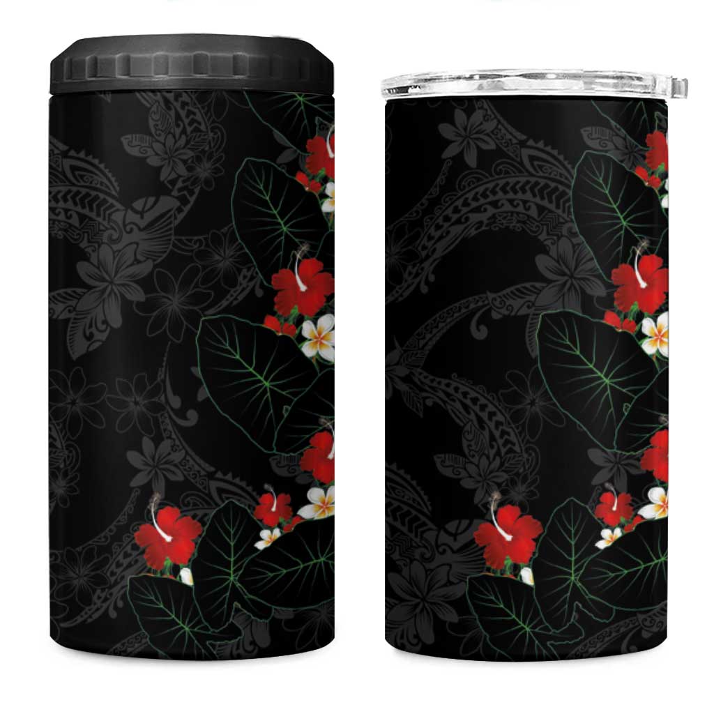Hawaiian Taro Leaves-Hibiscus and Plumeria 4 in 1 Can Cooler Tumbler Floral Tribal Tattoo Motif LT03 One Size: 16 oz Black - Polynesian Pride