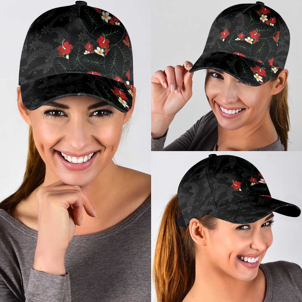 Hawaiian Taro Leaves-Hibiscus and Plumeria Classic Cap Floral Tribal Tattoo Motif LT03 - Polynesian Pride