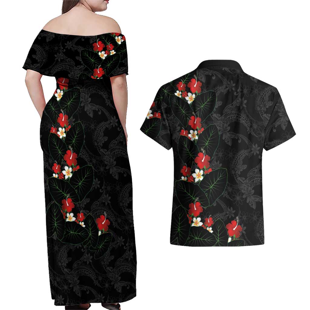 Hawaiian Taro Leaves-Hibiscus and Plumeria Couples Matching Off Shoulder Maxi Dress and Hawaiian Shirt Floral Tribal Tattoo Motif LT03 - Polynesian Pride