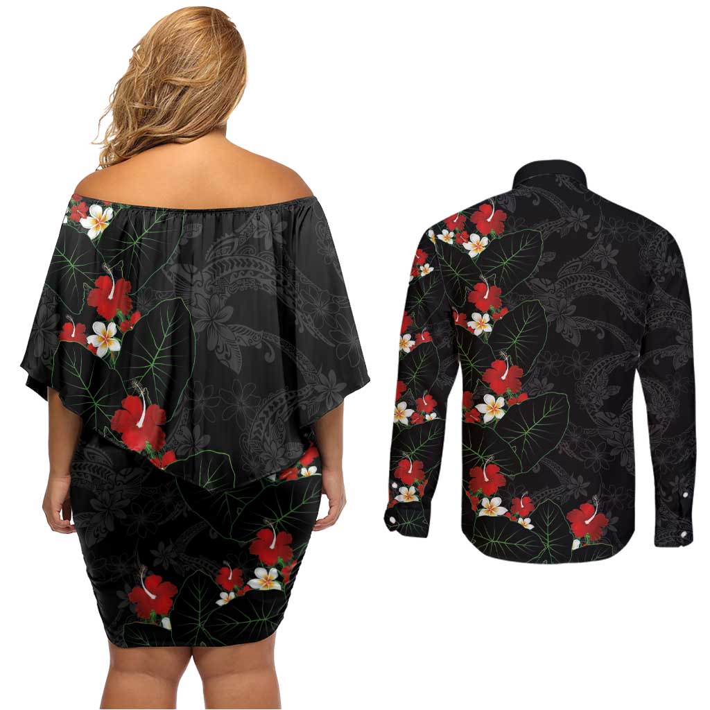 Hawaiian Taro Leaves-Hibiscus and Plumeria Couples Matching Off Shoulder Short Dress and Long Sleeve Button Shirt Floral Tribal Tattoo Motif LT03 - Polynesian Pride