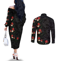 Hawaiian Taro Leaves-Hibiscus and Plumeria Couples Matching Off The Shoulder Long Sleeve Dress and Long Sleeve Button Shirt Floral Tribal Tattoo Motif LT03 - Polynesian Pride