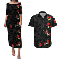 Hawaiian Taro Leaves-Hibiscus and Plumeria Couples Matching Puletasi and Hawaiian Shirt Floral Tribal Tattoo Motif LT03 Black - Polynesian Pride