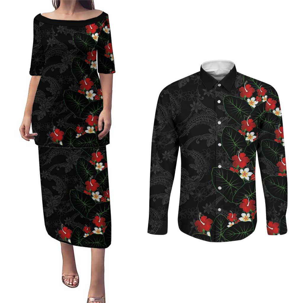 Hawaiian Taro Leaves-Hibiscus and Plumeria Couples Matching Puletasi and Long Sleeve Button Shirt Floral Tribal Tattoo Motif LT03 Black - Polynesian Pride