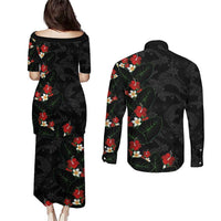 Hawaiian Taro Leaves-Hibiscus and Plumeria Couples Matching Puletasi and Long Sleeve Button Shirt Floral Tribal Tattoo Motif LT03 - Polynesian Pride