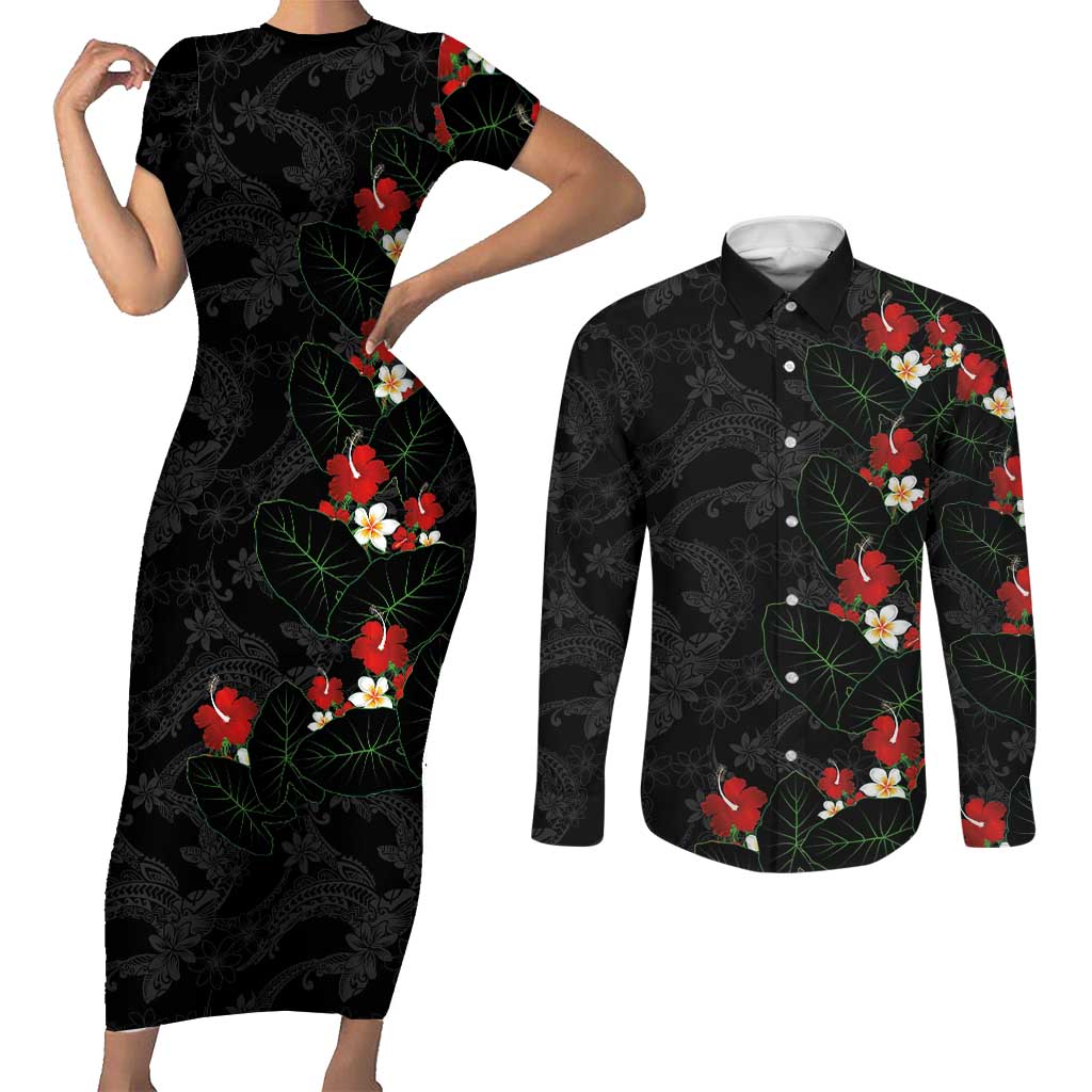 Hawaiian Taro Leaves-Hibiscus and Plumeria Couples Matching Short Sleeve Bodycon Dress and Long Sleeve Button Shirt Floral Tribal Tattoo Motif