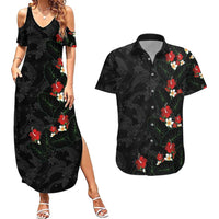 Hawaiian Taro Leaves-Hibiscus and Plumeria Couples Matching Summer Maxi Dress and Hawaiian Shirt Floral Tribal Tattoo Motif LT03 Black - Polynesian Pride