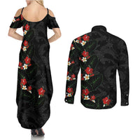 Hawaiian Taro Leaves-Hibiscus and Plumeria Couples Matching Summer Maxi Dress and Long Sleeve Button Shirt Floral Tribal Tattoo Motif LT03 - Polynesian Pride