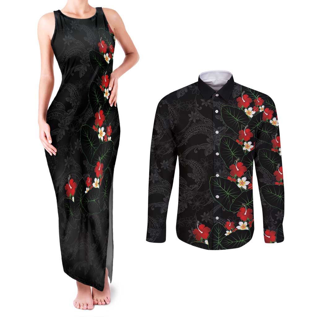 Hawaiian Taro Leaves-Hibiscus and Plumeria Couples Matching Tank Maxi Dress and Long Sleeve Button Shirt Floral Tribal Tattoo Motif LT03 Black - Polynesian Pride