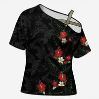 Hawaiian Taro Leaves-Hibiscus and Plumeria Cross Shoulder Shirt Floral Tribal Tattoo Motif LT03 Female Black - Polynesian Pride