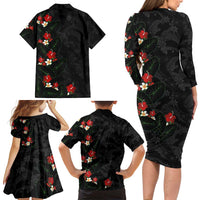 Hawaiian Taro Leaves-Hibiscus and Plumeria Family Matching Long Sleeve Bodycon Dress and Hawaiian Shirt Floral Tribal Tattoo Motif LT03 - Polynesian Pride