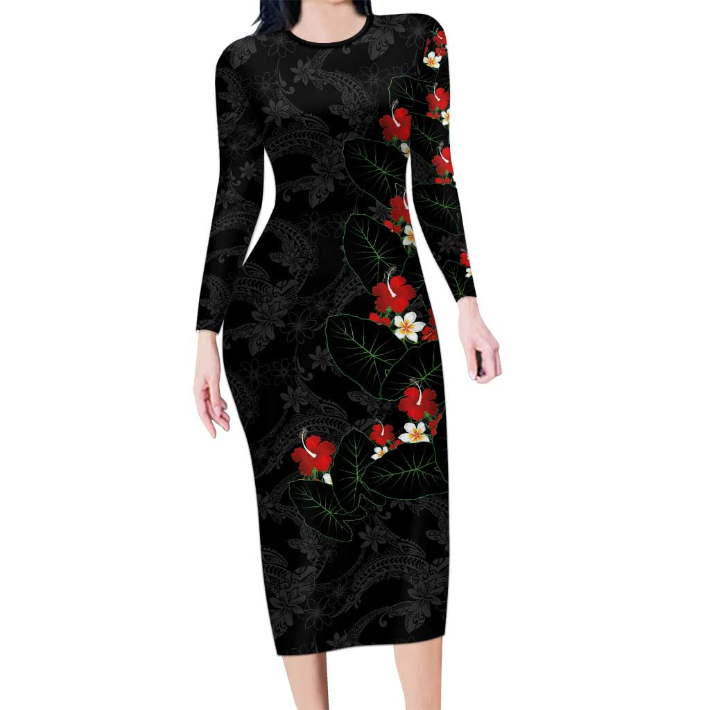 Hawaiian Taro Leaves-Hibiscus and Plumeria Family Matching Long Sleeve Bodycon Dress and Hawaiian Shirt Floral Tribal Tattoo Motif LT03 Mom's Dress Black - Polynesian Pride