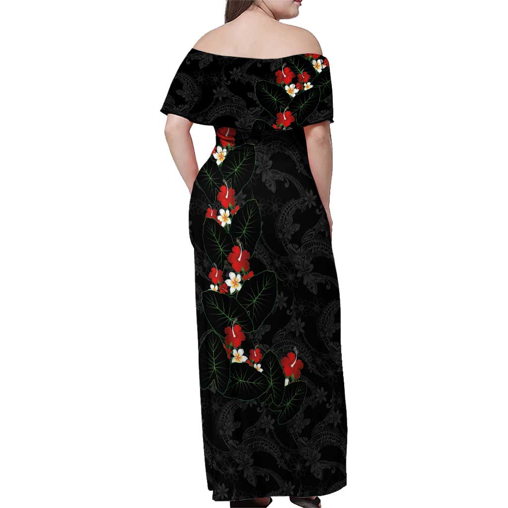 Hawaiian Taro Leaves-Hibiscus and Plumeria Family Matching Off Shoulder Maxi Dress and Hawaiian Shirt Floral Tribal Tattoo Motif LT03 - Polynesian Pride