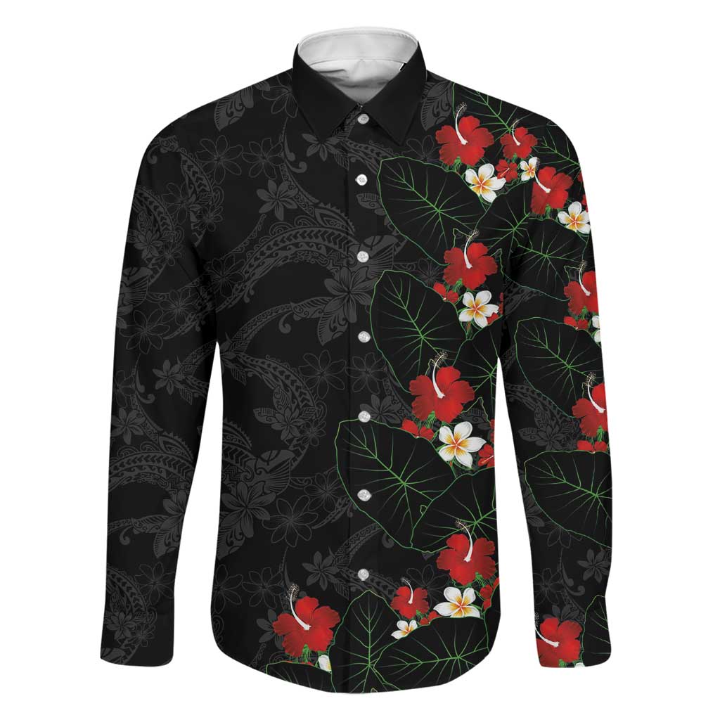 Hawaiian Taro Leaves-Hibiscus and Plumeria Family Matching Off Shoulder Short Dress and Hawaiian Shirt Floral Tribal Tattoo Motif LT03 Dad's Shirt - Long Sleeve Black - Polynesian Pride