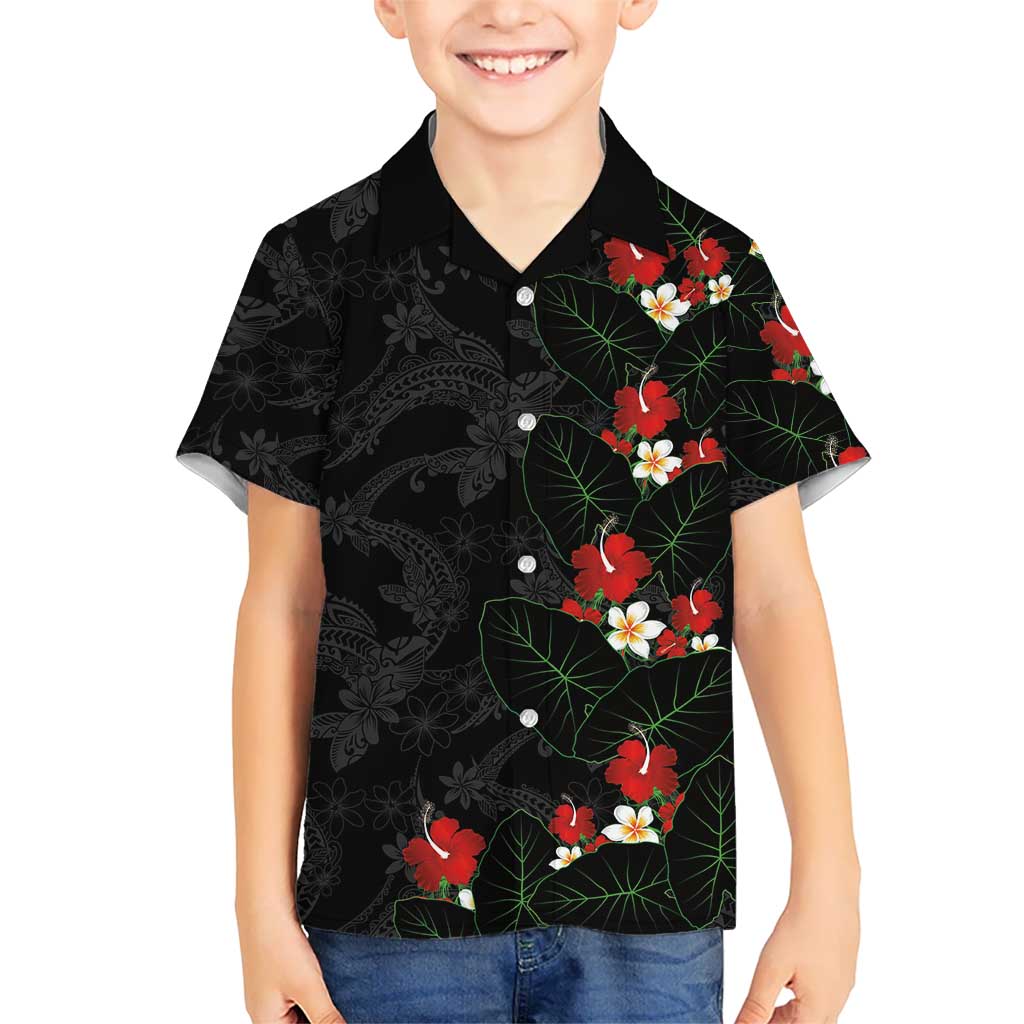 Hawaiian Taro Leaves-Hibiscus and Plumeria Family Matching Short Sleeve Bodycon Dress and Hawaiian Shirt Floral Tribal Tattoo Motif LT03 Son's Shirt Black - Polynesian Pride