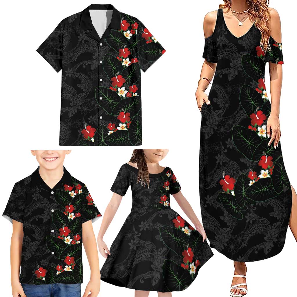 Hawaiian Taro Leaves-Hibiscus and Plumeria Family Matching Summer Maxi Dress and Hawaiian Shirt Floral Tribal Tattoo Motif LT03 - Polynesian Pride