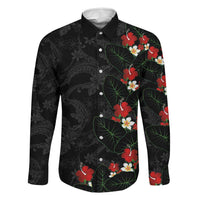 Hawaiian Taro Leaves-Hibiscus and Plumeria Family Matching Summer Maxi Dress and Hawaiian Shirt Floral Tribal Tattoo Motif LT03 Dad's Shirt - Long Sleeve Black - Polynesian Pride