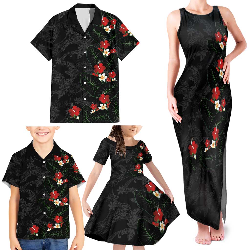 Hawaiian Taro Leaves-Hibiscus and Plumeria Family Matching Tank Maxi Dress and Hawaiian Shirt Floral Tribal Tattoo Motif