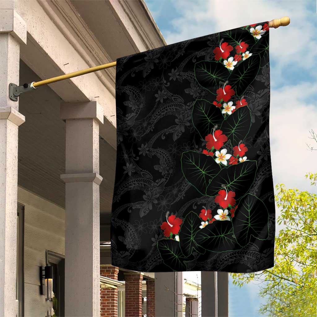 Hawaiian Taro Leaves-Hibiscus and Plumeria Garden Flag Floral Tribal Tattoo Motif