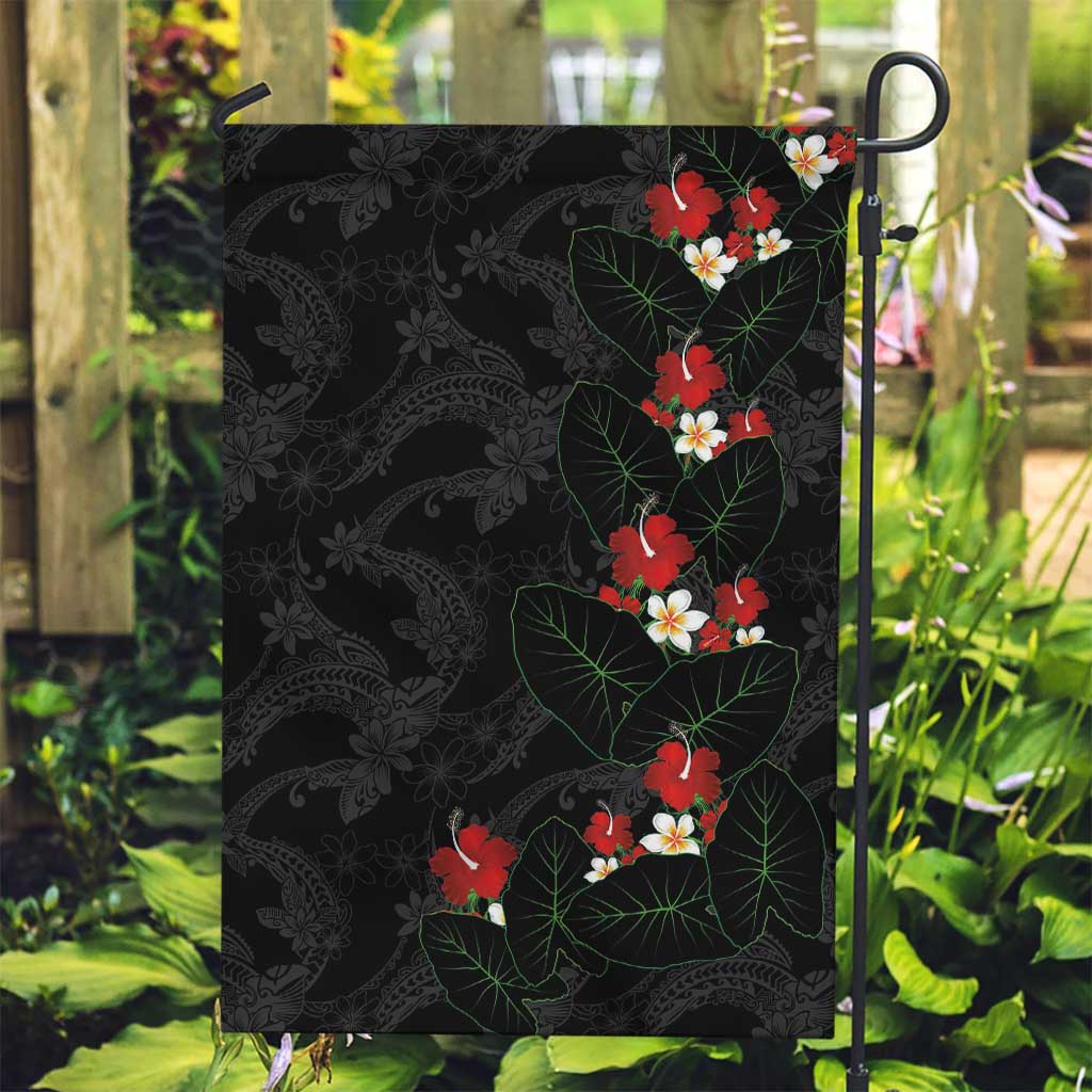 Hawaiian Taro Leaves-Hibiscus and Plumeria Garden Flag Floral Tribal Tattoo Motif LT03 Garden Flag Black - Polynesian Pride