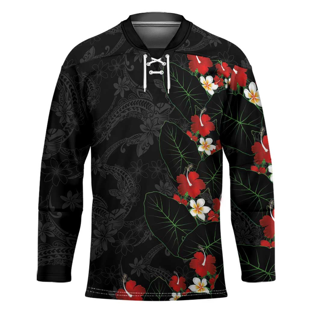 Hawaiian Taro Leaves-Hibiscus and Plumeria Hockey Jersey Floral Tribal Tattoo Motif LT03 Unisex Black - Polynesian Pride