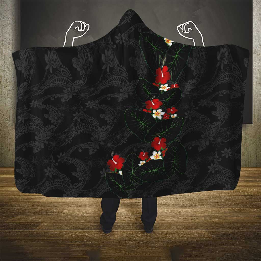 Hawaiian Taro Leaves-Hibiscus and Plumeria Hooded Blanket Floral Tribal Tattoo Motif LT03 - Polynesian Pride