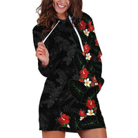 Hawaiian Taro Leaves-Hibiscus and Plumeria Hoodie Dress Floral Tribal Tattoo Motif LT03 Black - Polynesian Pride