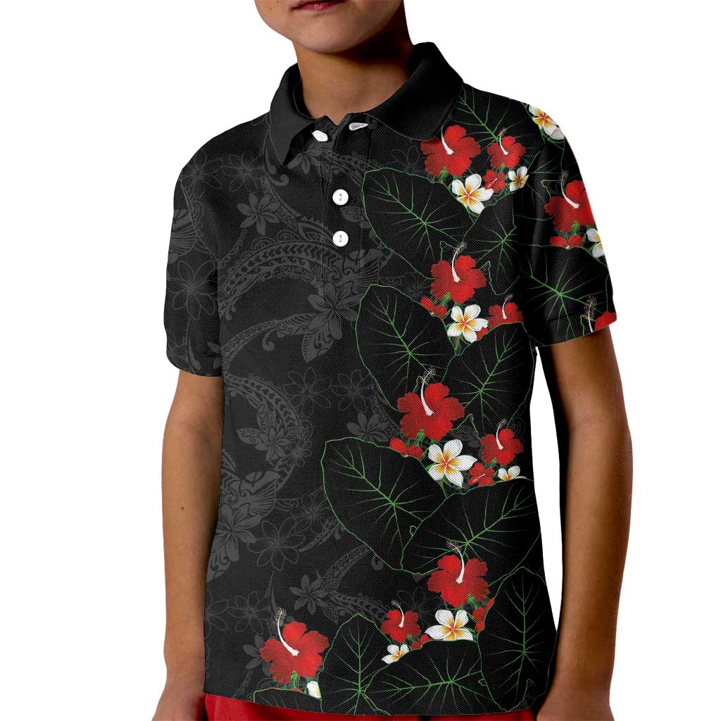 Hawaiian Taro Leaves-Hibiscus and Plumeria Kid Polo Shirt Floral Tribal Tattoo Motif LT03 Kid Black - Polynesian Pride